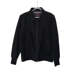Vintage Cactus Black Leather Front Zip Knit Sweater Bomber Jacket, Men's Medium